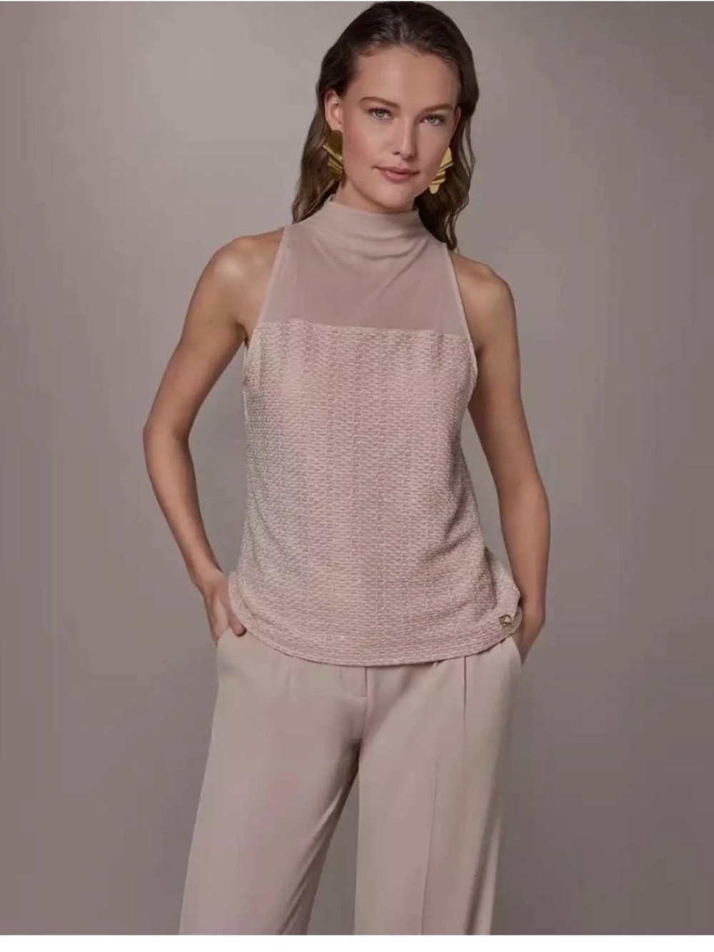 Donna Karan Sleeveless High-Neck Blush Pink Textured Shell